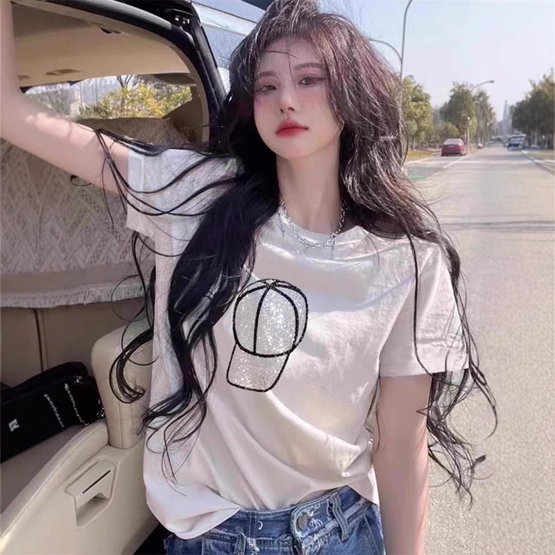 100 Cotton Design Sense Hat Hot Drilling Short Sleeve T-Shirt Women's Summer New Explosions Large Edition Underwear Missing Top