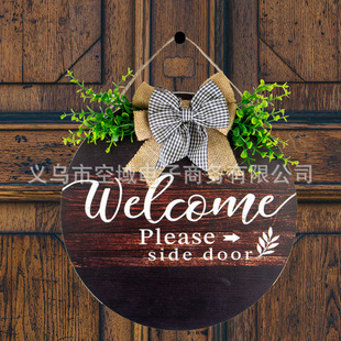 木制门前迎宾Welcome挂牌 圆形木质门牌欢迎麻绳悬挂蝴蝶结挂板-阿里巴巴