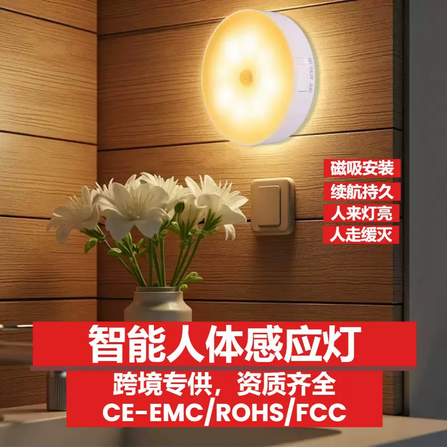 跨境多个装智能led人体感应灯磁吸充电小夜灯卧室床头家用夜灯