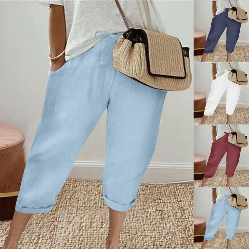 2025 European and American Cross-Border Amazon Independent Station Women's Cotton and Linen Flap Pocket Pants Elastic Waist Cropped Pants Casual Pants Women's Pants 2025 European and American Cross-Border Amazon Independent Station Women's Cotton and Linen Flap Pocket Pants Elastic Waist Cropped Pants Casual Pants Women's Pants