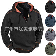 亚马逊秋冬男士套头立领长袖休闲时尚欧美连帽撞色爆款男卫衣外套