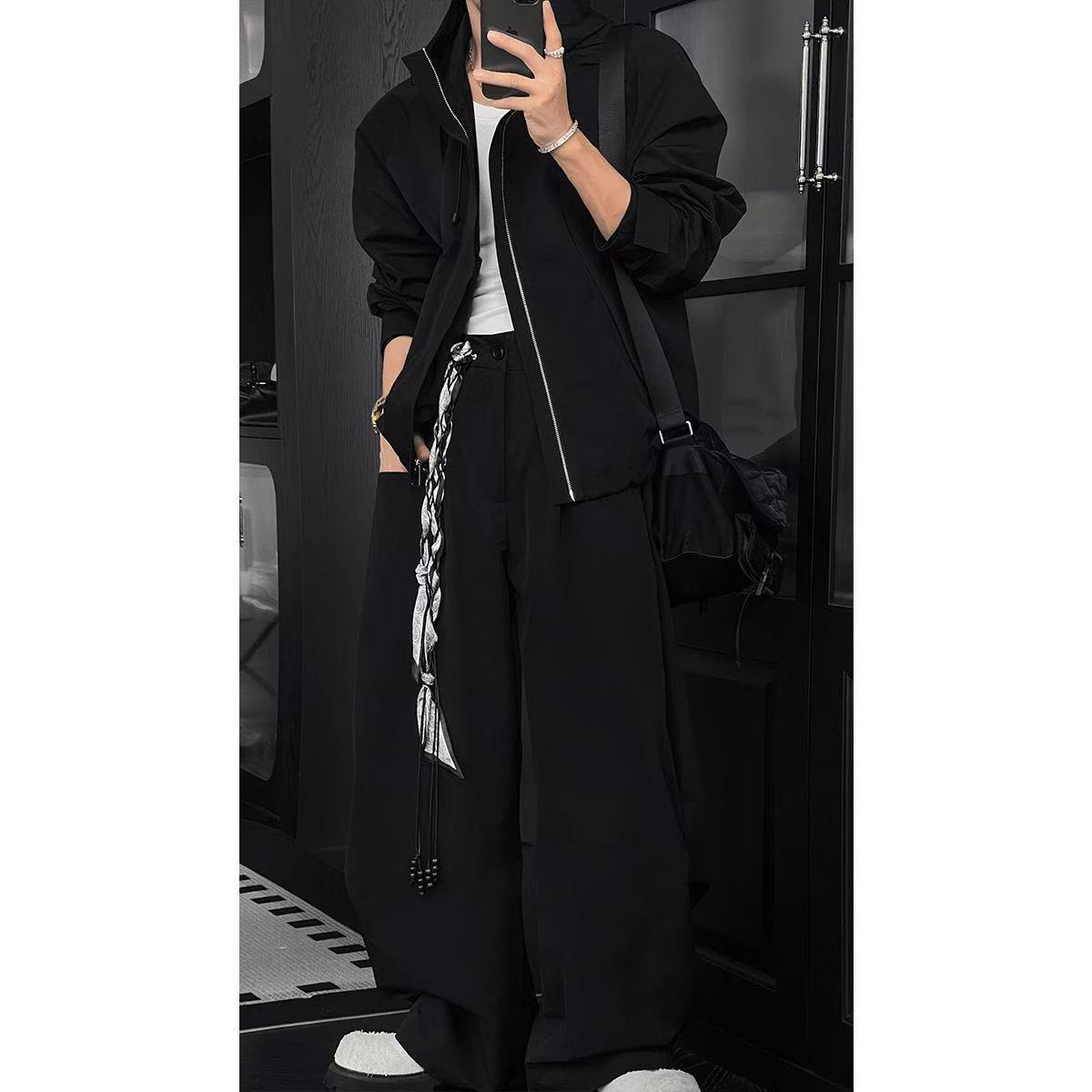 龙叨叨秋季新款潮流美式户外工装冲锋衣连帽夹克宽松百搭长裤套装