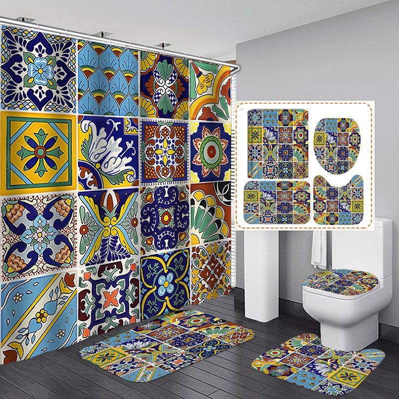 Venta caliente de Amazon Cortina de ducha de baño bohemia Tela de cortina de baño impermeable Juego de cuatro piezas Gran cantidad y excelente precio