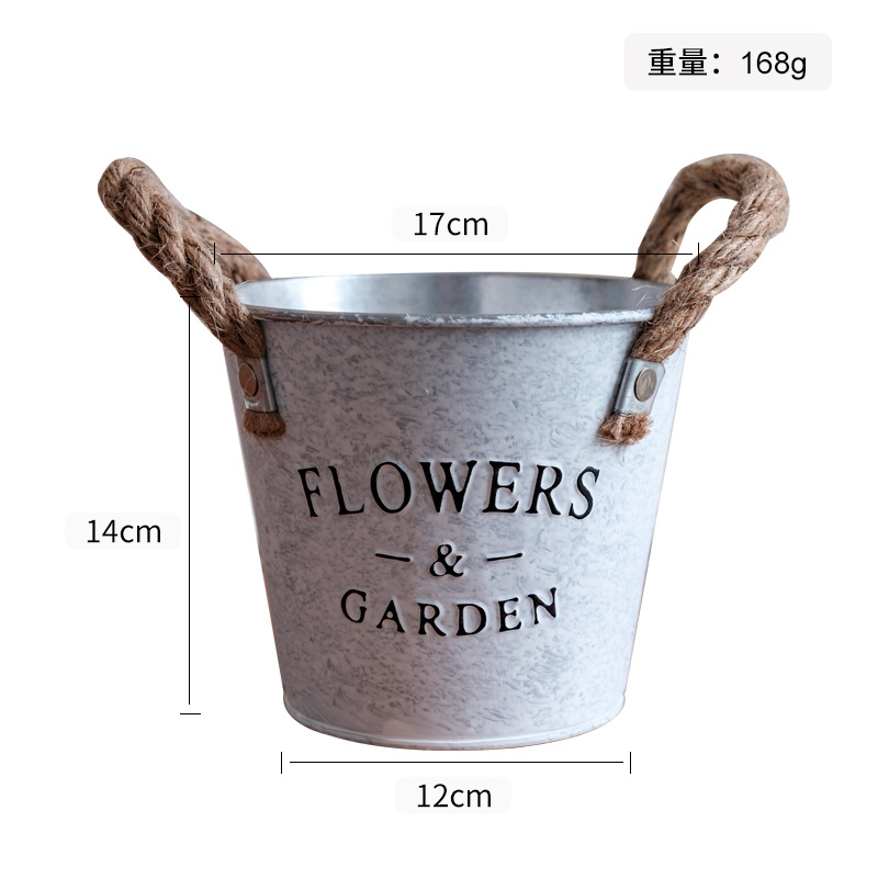 Macetas y cubos de hierro vintage para exportación, macetas decorativas redondas de hojalata con acabado envejecido para plantas verdes y suculentas.