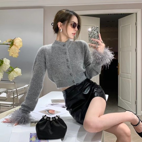 YIMENG knitted sweater cardigan coat high-end French gray wool coat mohair slim knitted top