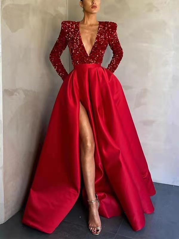 Comercio exterior europeo y americano Amazon AliExpress deseo de las Mujeres Nuevo sexy profundo escote en V vestido de lentejuelas vestido de noche de manga larga