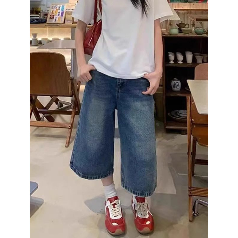 Denim Cropped Pants 2025 New Large Size Loose Slimming Versatile Wide-Leg Washed Casual Pants High-Waisted Cropped Pants Denim Cropped Pants 2025 New Large Size Loose Slimming Versatile Wide-Leg Washed Casual Pants High-Waisted Cropped Pants