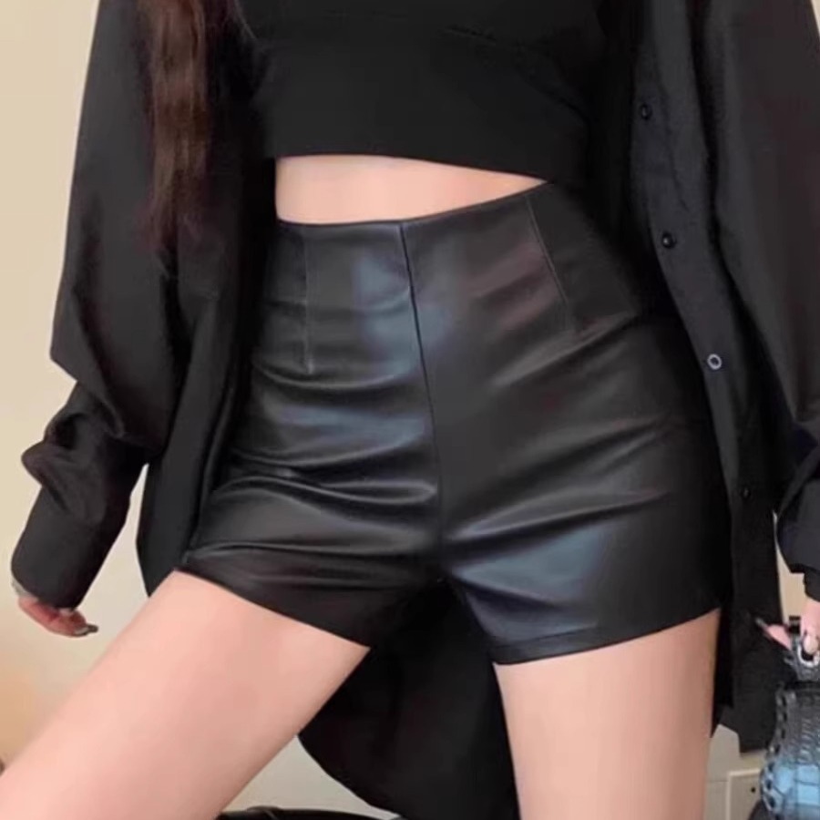 PU皮短裤女2023秋冬季新款显瘦打底外穿热裤性感辣妹韩版a字靴裤