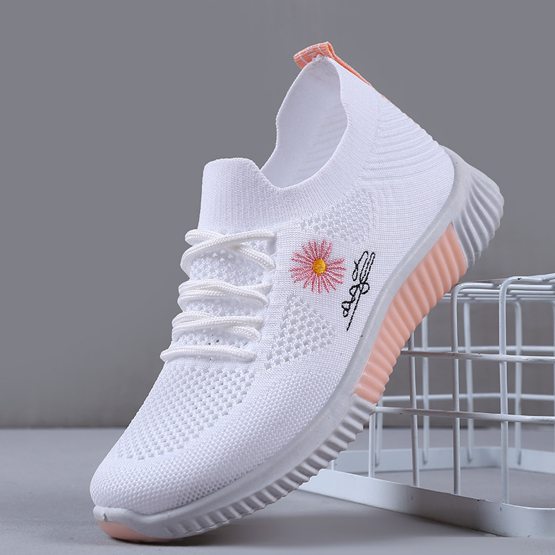 Lace-Up Sneakers with Insoles for Women, Lightweight Shallow-Mouthed Women's Shoes, Fly-Knit Fabric Sock-Style Small Daisy Women's Shoes, Foreign Trade