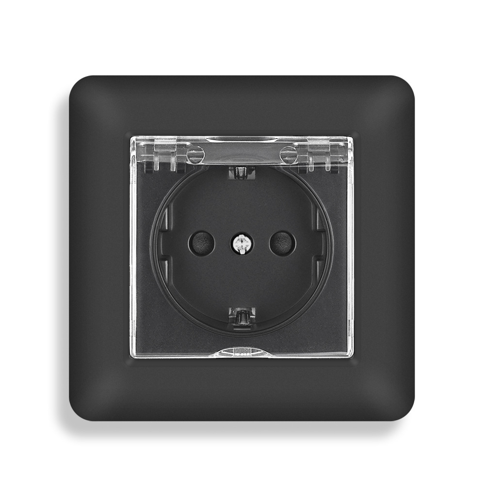 82型黑色PC面板外贸欧式墙壁插座16A 带防溅盖欧规插座卫生间可用
