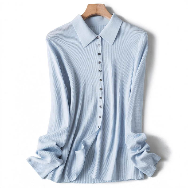 Intellectual Style Shirt Collar Yangzi Yarn Ultra-Fine Merino Wool Long-Sleeve Turn-Down Collar Knit Cardigan Spring/Summer Sweater for Women 010 Intellectual Style Shirt Collar Yangzi Yarn Ultra-Fine Merino Wool Long-Sleeve Turn-Down Collar Knit Cardigan Spring/Summer Sweater for Women 010