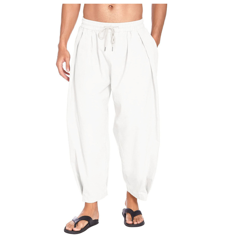 Cross-Border Men's Cotton and Linen Harem Pants Drawstring Casual Cropped Pants Lightweight Loose Beach Yoga Pants with Pockets