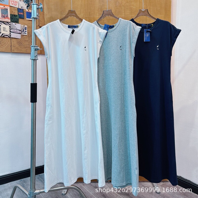 Cross-Border Dropshipping Long Dress Women's Clothing Wholesale High-Waisted Round Neck Short-Sleeve Dress with Pockets Summer