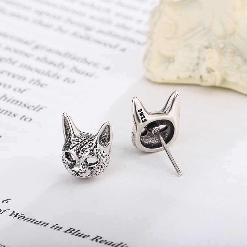 Sphynx Cat Earrings Vintage Thai Silver Dark Style For Men_voghion.com