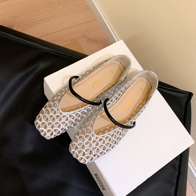 Nuevo estilo para vacaciones en París~ Zapatos de mujer con punta cuadrada, estilo francés, con tiras tejidas, versátiles, de suela suave y boca poco profunda.