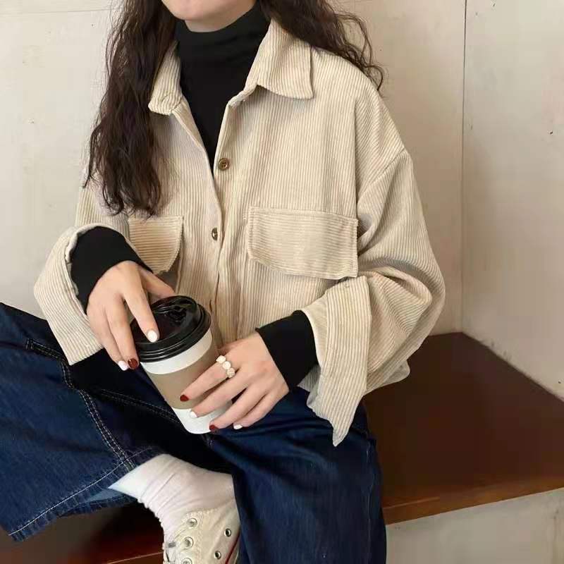 跨境 2022新款秋冬衬衫女百搭宽松双口袋衬衫衣女设计感小众上潮