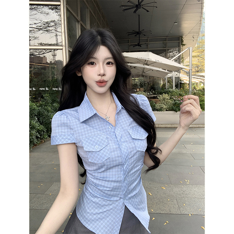 Mosesqueen American-Style Slim-Fit Waist-Cinching Plaid Short-Sleeve Shirt for Women, Summer Slimming Bm Style Spicy Girl Top