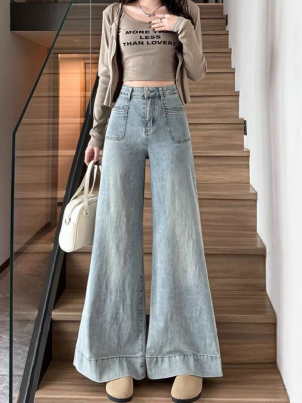 Wide-Leg Jeans for Petite Women, Hong Kong Style, Retro, Stretchy, Loose, Slimming, Casual, Versatile, Drapey, Flared, Floor-Length Pants