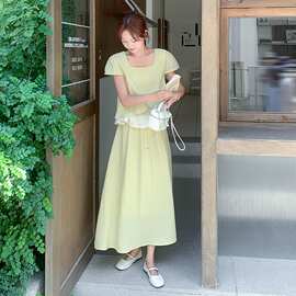 黄色温柔风夏日绝美小套装女2026法式假两件短袖上衣半身裙两件套