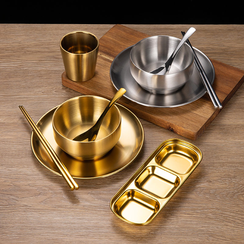 韩式304不锈钢碗碟套装金色米饭碗盘杯蘸料碟筷勺商用烤肉店餐具