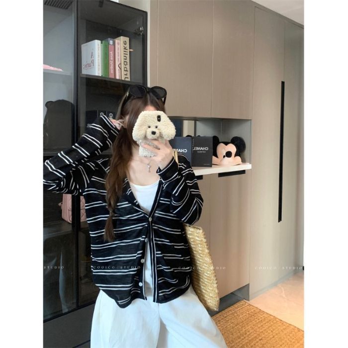 野媛慵懒风条纹连帽长袖外套女早秋防晒罩衫小众休闲宽松拉链上衣|undefined