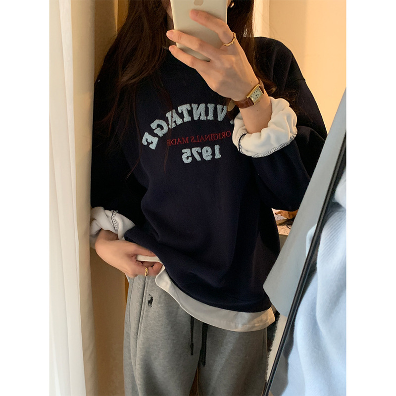 Huang Zheng Fake Two-Piece Towel Embroidered Large Version Fleece-Lined Thickeneded Sweatshirt Women's Winter Age-Reducing Work Clothing Top Jacket 541100