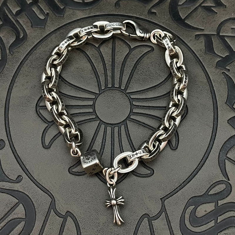 Sterling Silver Trendy Dice Thick Letter Bracelet Retro Men and Women Lobster Clasp Bracelet Cross Pendant Personalized Jewelry