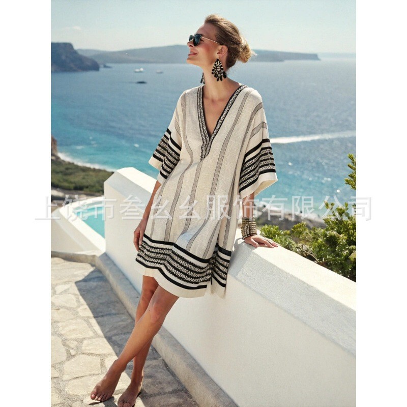 New women's ultra-feminine collar dress, beach vacation dress, printed loose mid-length dress