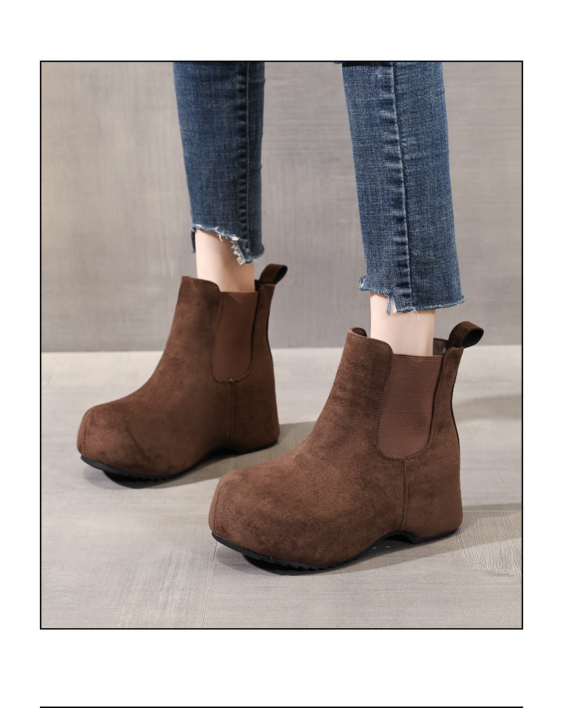 Boot Chelsea nữ cổ thun đế dày tăng chiều cao lót lông cừu mùa thu đông — Màu nâu chi tiết 13