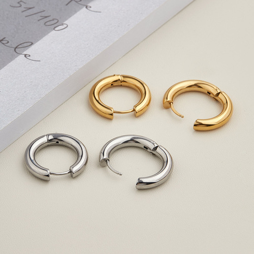 European and American INS style 4mm thick simple 18k gold-plated stainless steel circle earrings, simple gold-plated unisex ear clips