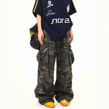 美式vibe高街复古多口袋迷彩工装裤男女潮牌街头直筒阔腿拖地长裤