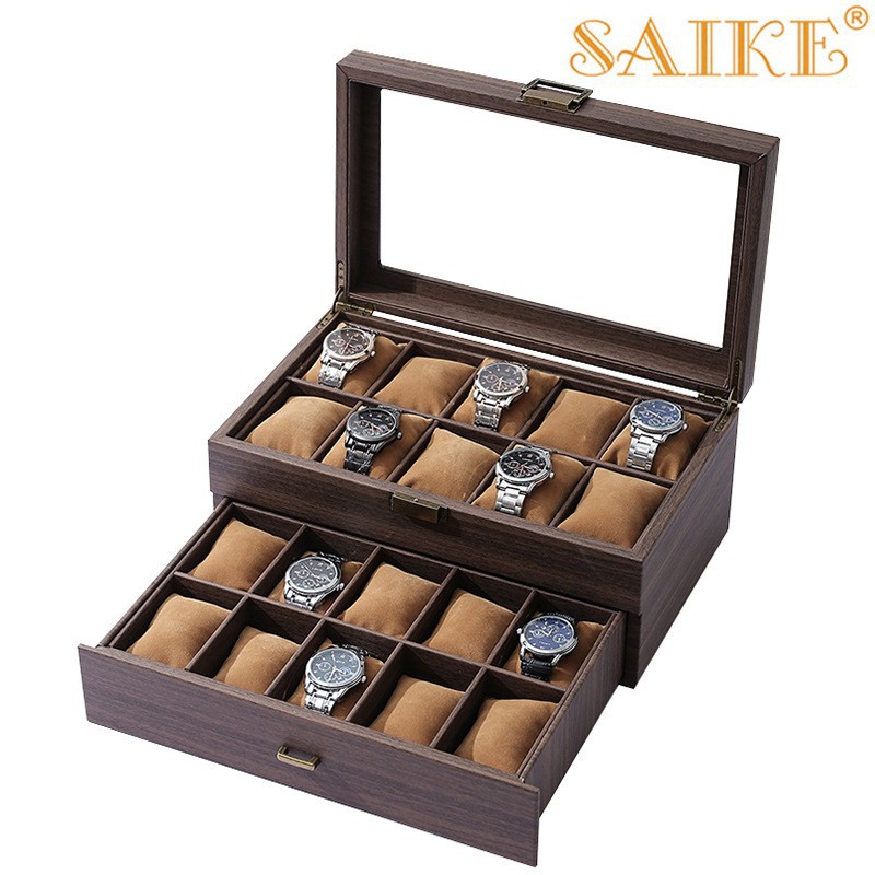 复古版现货木纹PU双层20位手表首饰收纳盒高档20只手表收藏皮盒