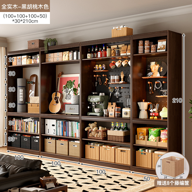 Estantes de estantería de madera maciza, piso a piso, sala de estar integrada, armario de almacenamiento de pared completa, estantería doméstica de color nogal