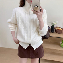 韩版双拉链麻花毛衣外套女2025秋冬新款宽松软糯高领针织开衫上衣