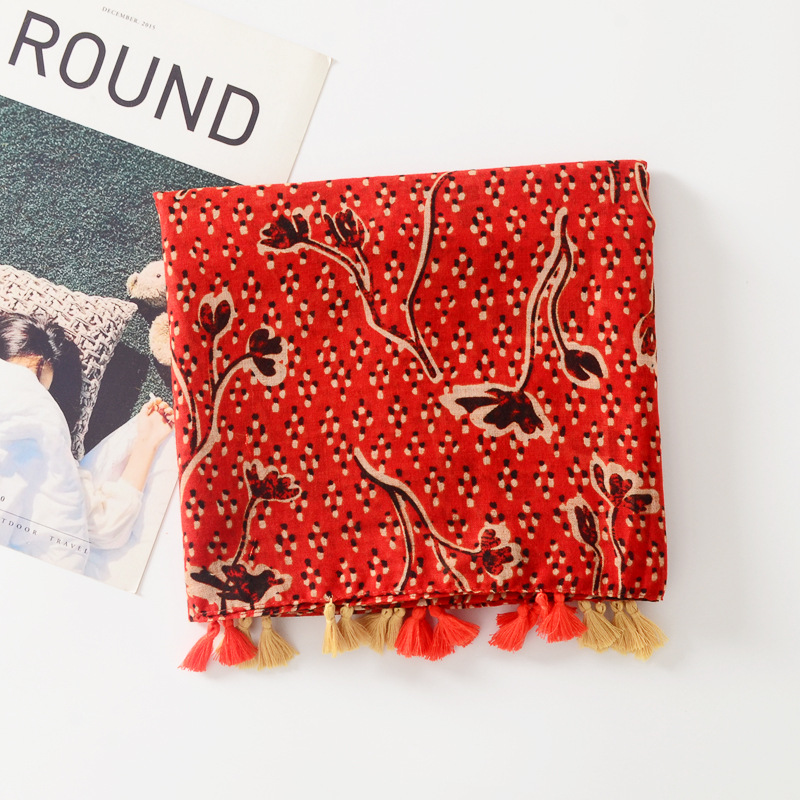 Retro rojo floral impreso algodón y lino sentir bufanda mujeres viajes decorativo al aire libre protección solar sombrilla Toalla de playa