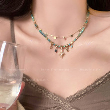 蓝色芒星串珠叠戴项链女款轻奢小众锁骨链波西米亚太阳花夏天颈链