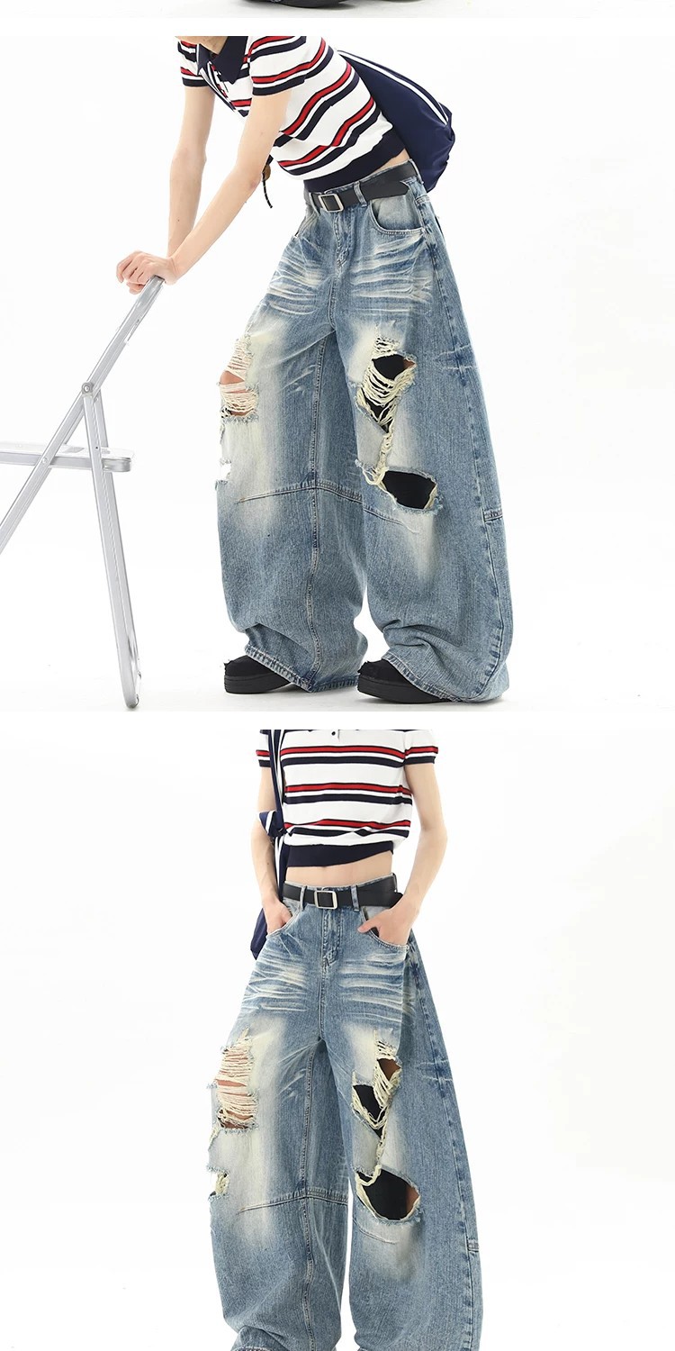 Men Women Washed Whiskering Ripped Jeans Street Style Summer New Retro Cool Scimitar Wide Leg Trousers_mkmklike.com
