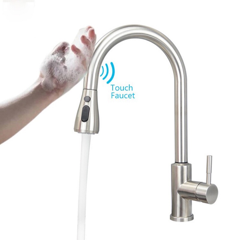 Touch-Sensitive 304 Stainless Steel Pull-Out Touch Hot and Cold Kitchen Faucet Sink Pull-Out Nozzle