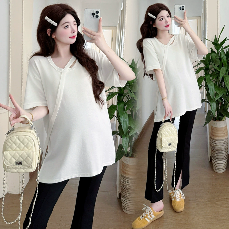 Летняя модная летняя одежда для беременных, универсальный дизайн, футболка с коротким рукавом, симпатичные брюки, комплект, свободный крой.