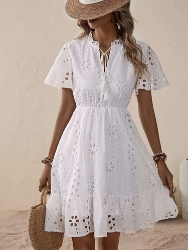 Elegant white V-neck lace embroidery summer dress for ladies, featuring butterfly sleeves and flared hem - semi-transparent