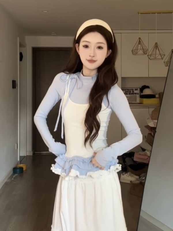 甜美芭蕾风拼接吊带长袖t恤女秋季小个子气质荷叶边显身材上衣潮|undefined