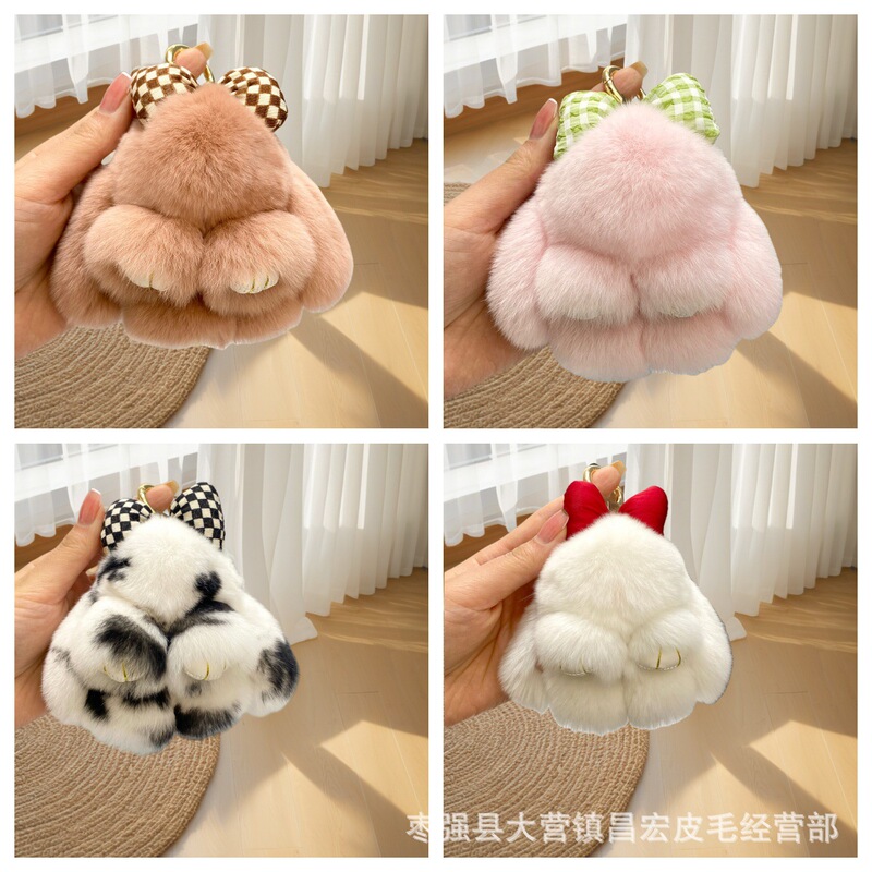 Factory Wholesale Bow Real Fur Stuffed Rabbit Pendant Cross-Border New Plush Lop-Eared Rabbit Keychain Bag Hanging Ornaments
