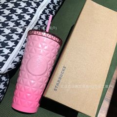 現物星父の新型菱格紋ステンレスストローカップ高颜値保温保冷カップ大容量カップバッチ