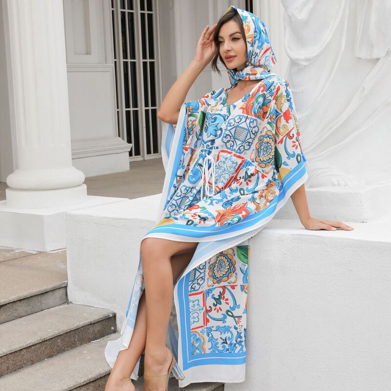 New European and American Amazon V-neck tie belt loose square printed turban travel Beach personalized dress New European and American Amazon V-neck tie belt loose square printed turban travel Beach personalized dress