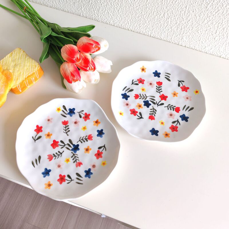 Ins-Style Irregular Floral Western-Style Plate, Hand-Made Ceramic Plate, Cute Underglaze Color, High-Value Dessert Plate