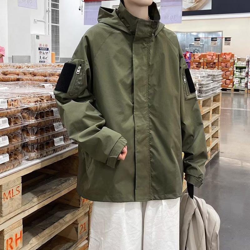 2022 Spring and Autumn Velcro Hooded Jacket Men's Charge Clothing Trendy Brand Loose Casual Clothes Student Work Jacket