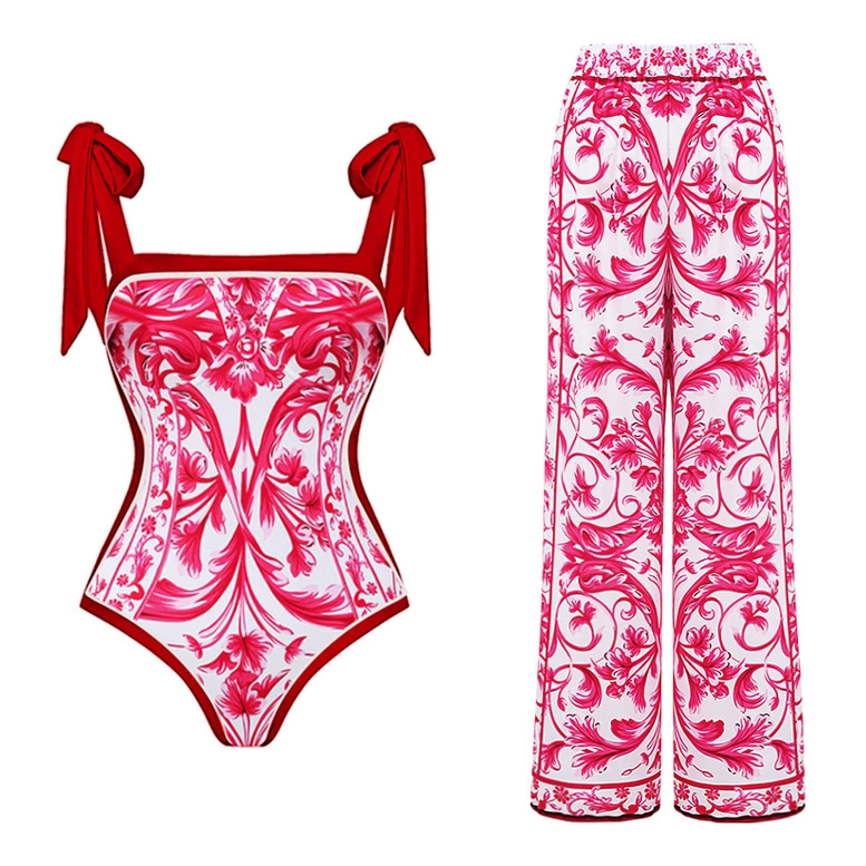 One-Piece Swimsuit (Qiao Jiayuan) 2025 Retro Style with Wrap Skirt, Crane Print, S–XL & One Size