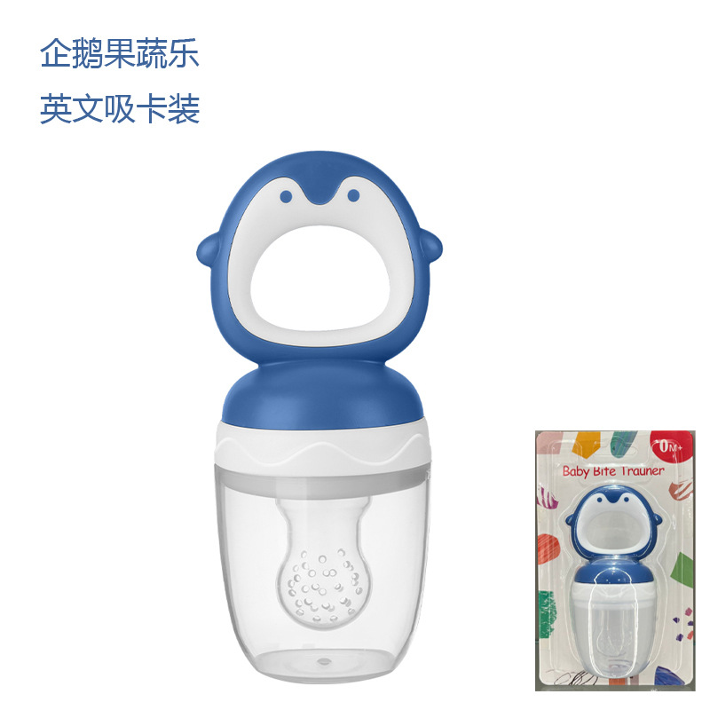 Inglés tarjeta de bebé mordida le le frutas y verduras le niños chupeta de silicona pingüino bebé fruta fábrica de bolsas de alimentos suplementarios