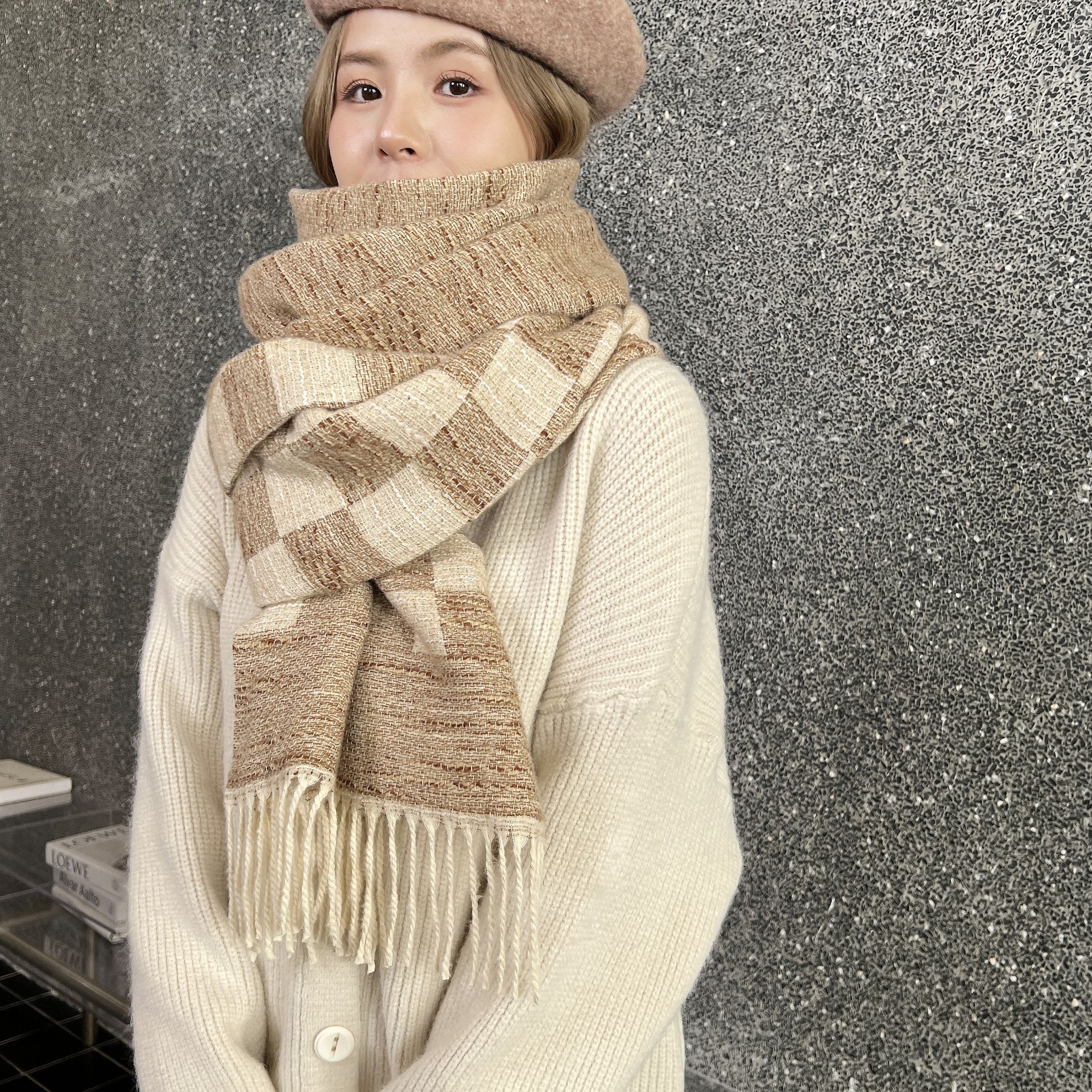 Korean Fashion Classic Autumn and Winter Imitation Cashmere Scarf Women's Versatile Double sided Thickened Warm Mesh Red_voghion.com