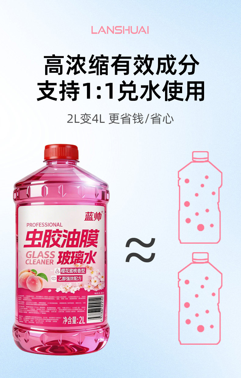 Car windshield cleaner for removing dirt and oil film, insect glue, ethanol, wiper fluid, non-stick water for summer use